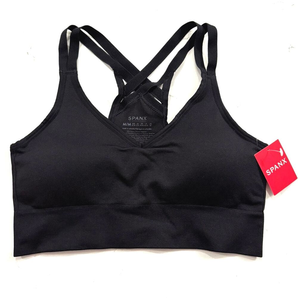 NWT Spanx black low impact athletic sport bra built-in cup liner size M comfort - Picture 2 of 10
